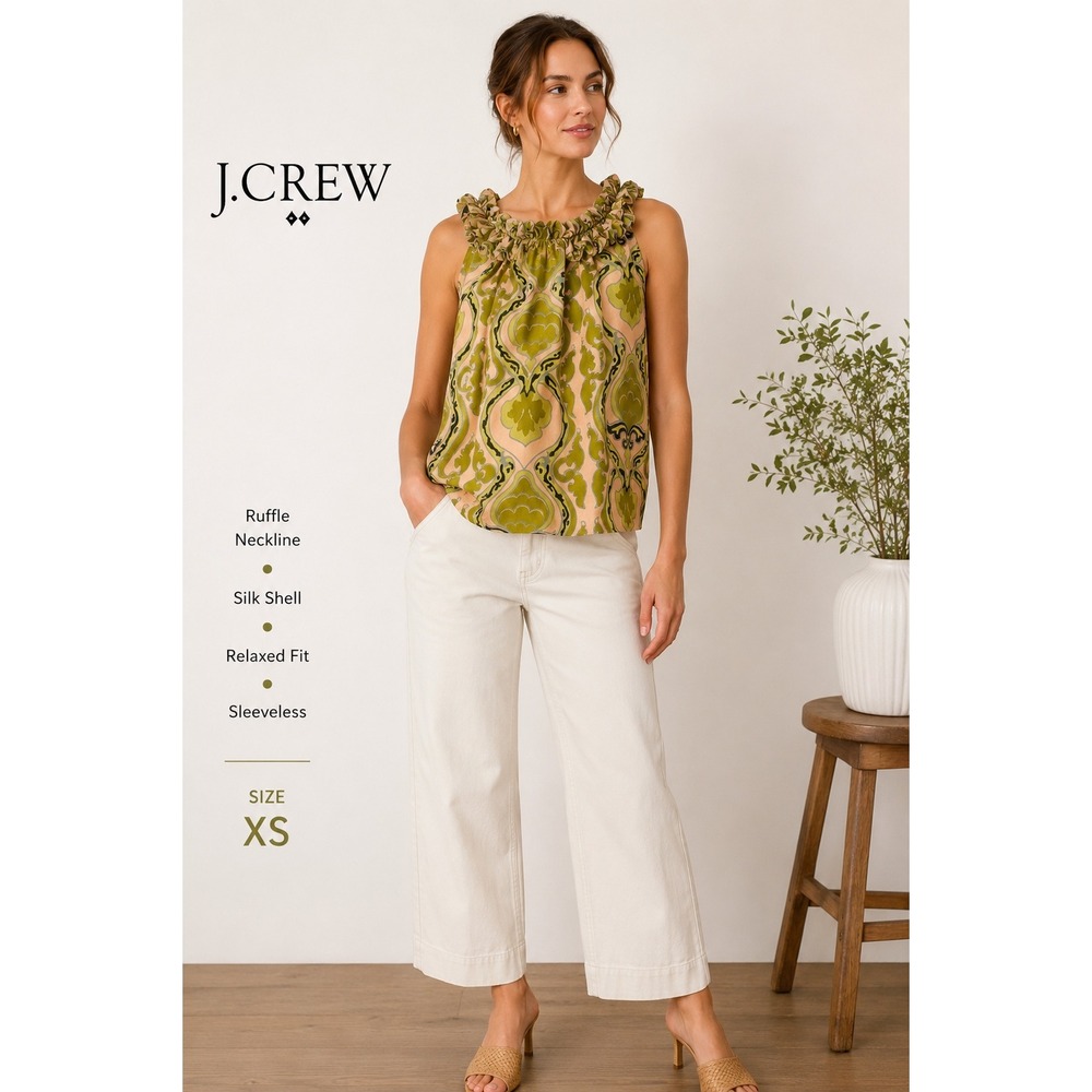J.Crew Green Peach Damask Silk Ruffle Neck Sleeveless‎ Shell Top XS